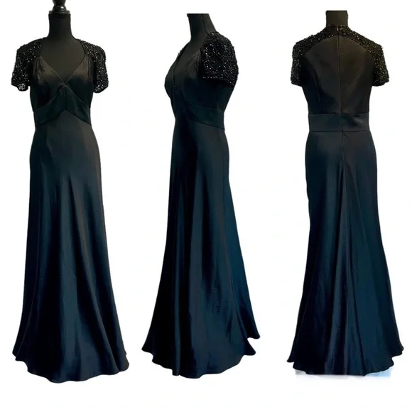 Badgley Mischka black beaded lace short sleeve silk formal evening gown 8 NWOT - Picture 17 of 17